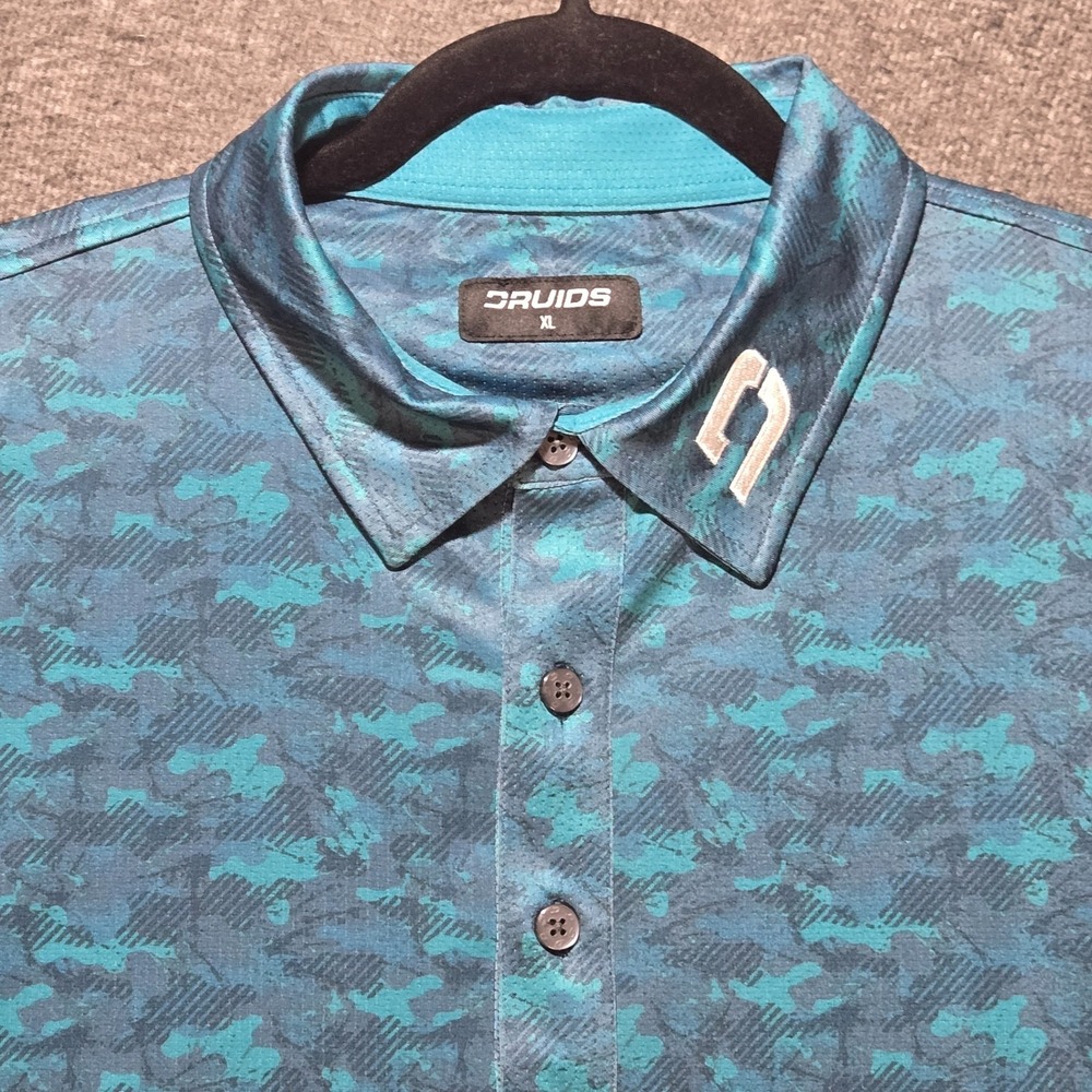 Druids Polo Shirt Mens XL Camo Performance Golf Stretch Short Sleeve Teal